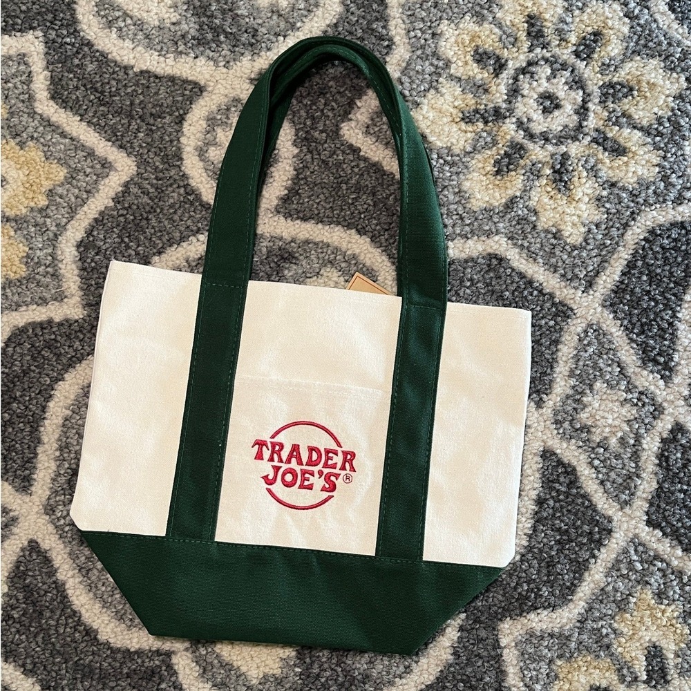 Trader Joes Mini Canvas Tote Bag Green NWT Embroidered Logo Pocket Gift Reusable